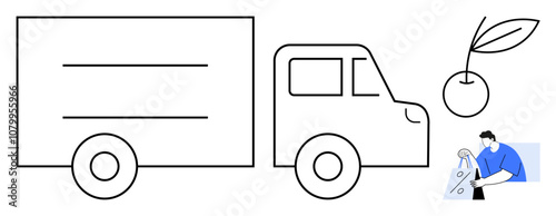 Outline of a delivery truck, cherry with leaves, and a worker using pliers. Ideal for logistics, food delivery, agriculture, labor, transportation manual work industrial operations. Line metaphor