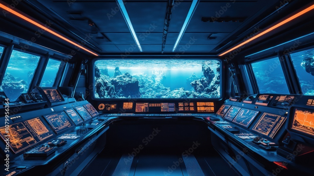 Fototapeta premium Futuristic submarine control room with large view screen showcasing underwater coral reef.