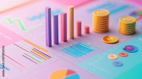 Colorful 3D Charts and Coins Representing Financial Data