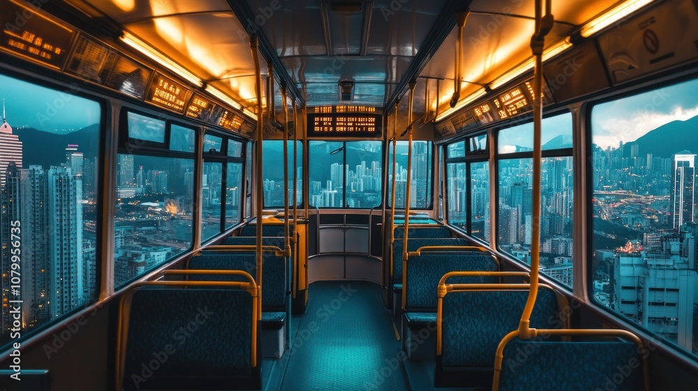 Fototapeta premium Empty train car with city view from the window.