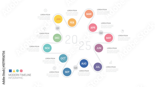 Infographic 12 month steps timeline journey circle to success template. line process diagram. Vector illustration.