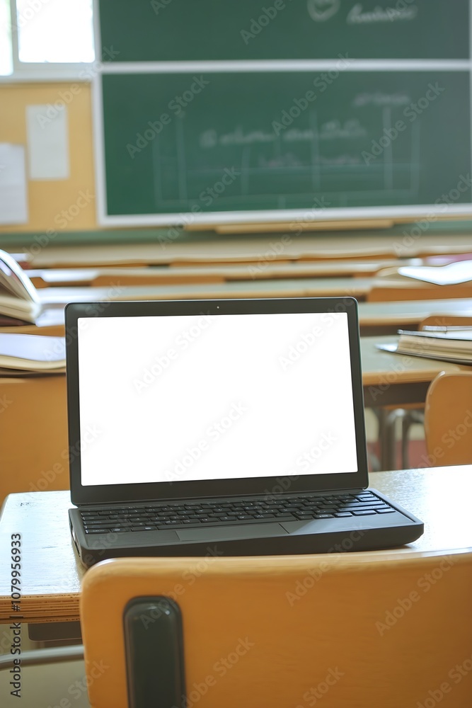 A blank laptop screen on a school desk in a classroom with chalkboards and textbooks, ideal for educational or study app previews. A blank laptop screen on a school desk in a classroom with chalkboards and textbooks, ideal for educational or study app previews.