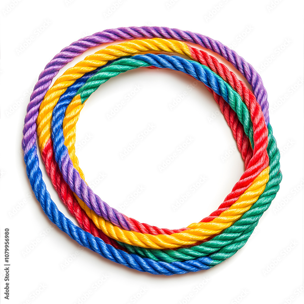 Colorful twisted ropes in vibrant rainbow hues, isolated on white background, perfect for DIY crafts, creative projects, decorations, outdoor activities, and versatile utility uses