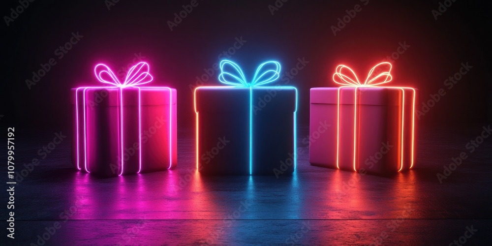 Three glowing neon gifts sit in dimly lit room.