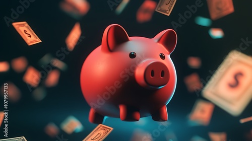Pink Piggy Bank Surrounded by Falling Dollar Bills