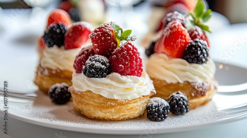 Delicious mini pastry dessert topped with fresh strawberries, raspberries, and blackberries, elegantly presented with whipped cream and powdered sugar on a bright plate