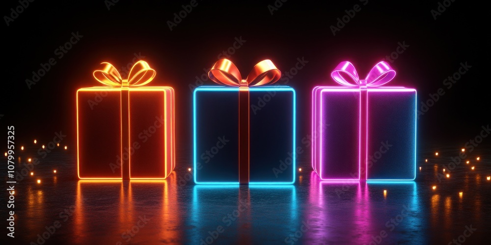 Three neon gift boxes with vibrant glowing bows.