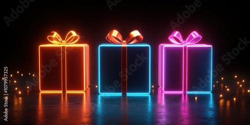 Three neon gift boxes with vibrant glowing bows.