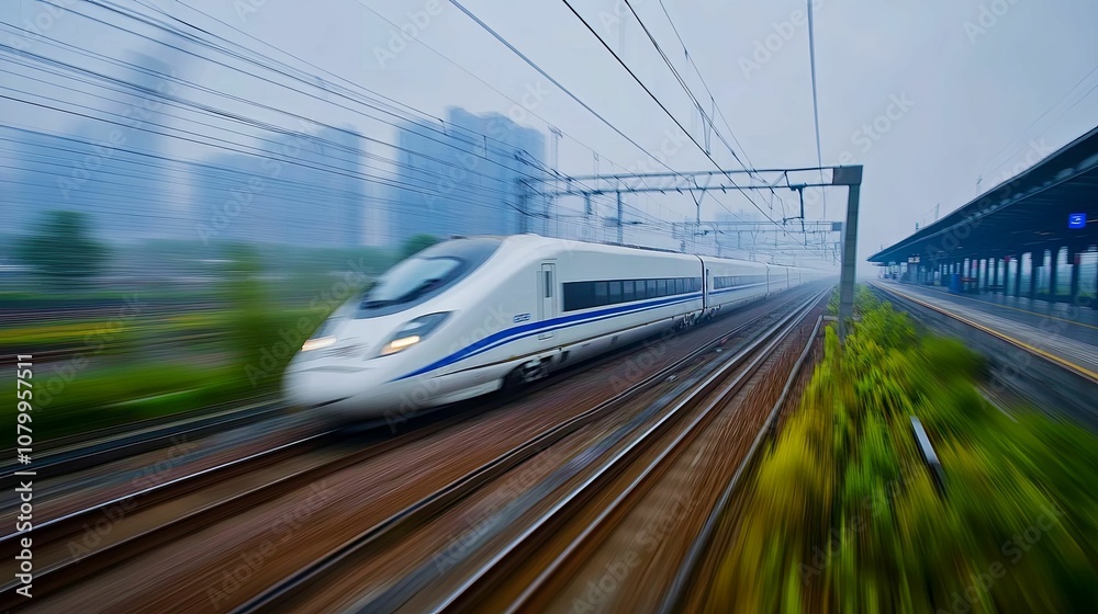 Naklejka premium High-Speed Train Moving Through a Cityscape