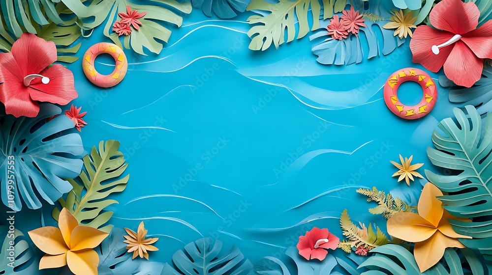 Fototapeta premium Tropical Summer Background with Flowers and Life Rings