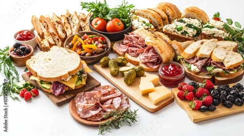 A Vibrant Spread of Fresh Sandwiches, Meats, Cheeses, Vegetables, and Dips Perfect for a Picnic or Gathering on a White Surface