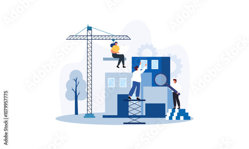 Building house process at construction site, work with floor plan illustration photo