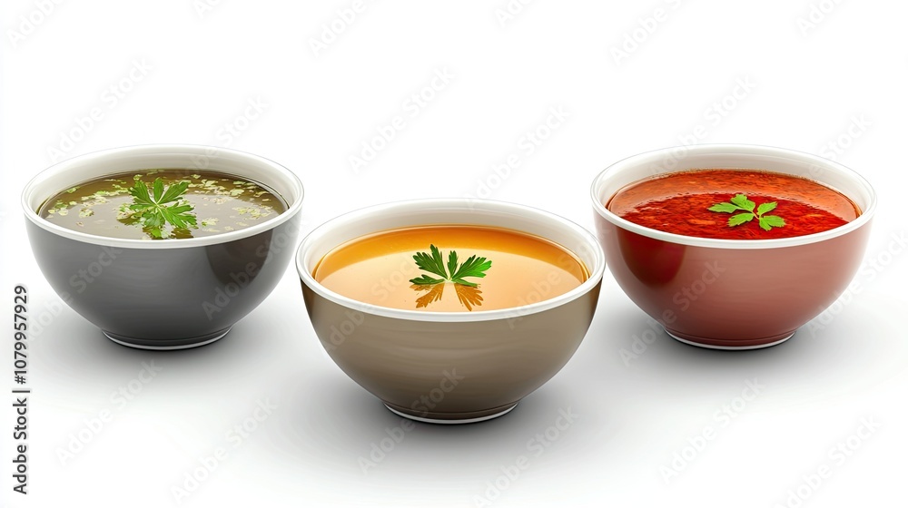 Three Colorful Bowls of Soup With Fresh Herbs on White Background, Featuring Green, Orange, and Red Varieties for Culinary and Food Photography Three Colorful Bowls of Soup With Fresh Herbs on White Background, Featuring Green, Orange, and Red Varieties for Culinary and Food Photography