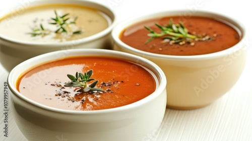 Three Varieties of Delicious Soups Served in Bowls Garnished with Herbs for a Gourmet Culinary Experience and Perfect for Food Photography