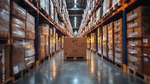 Interior view of a large warehouse filled with stacked boxes during a busy workday in the afternoon photo