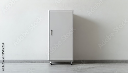 White Cabinet with Flush Handle on Casters Against a White Wall