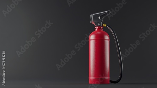 Red Fire Extinguisher with Black Hose on a Gray Background