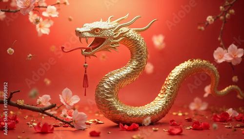 Happy Chinese new year 2025 Snake Zodiac sign, with gold paper cut art and craft style on color background Chinese Translation happy new year of Snake