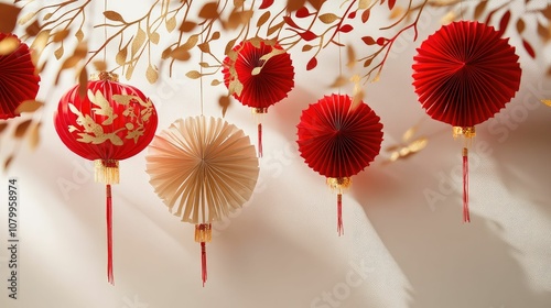 Chinese New Year lanterns, minimalist red and gold decorations, paper cut. perfect for festive occasions like Chinese New Year celebrations and decorative events. photo