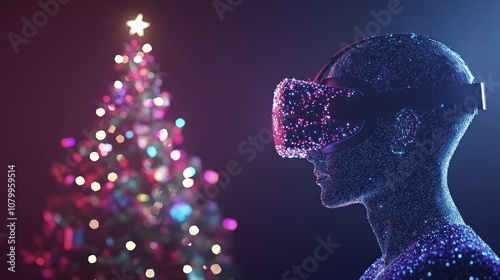 Digital avatar in virtual reality near a lit tree. photo