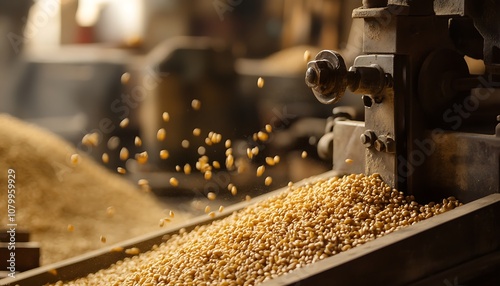 Close-up of Grain Pouring into a Hopper of an Industrial Machine