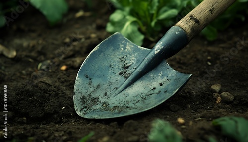 A Weathered Shovel Resting in Dark Soil