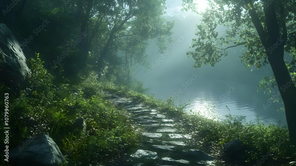 Fototapeta premium 3D Illustration - Misty Forest Path by the Lake at Sunrise