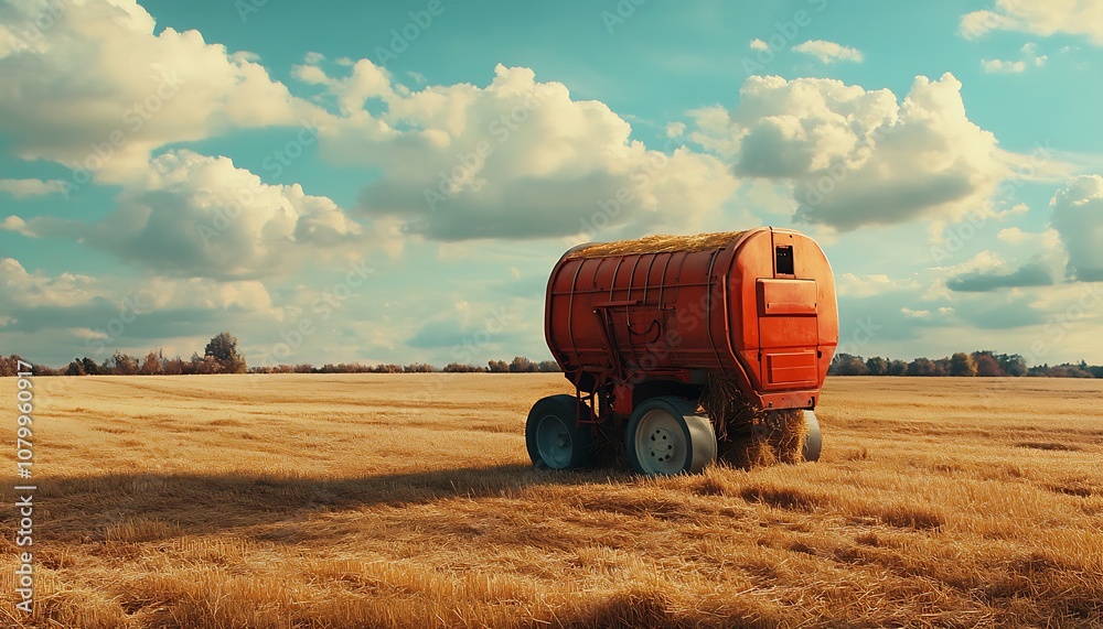 Obraz premium Red Hay Wagon in a Golden Field Under a Cloudy Sky
