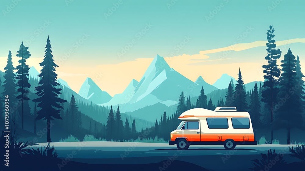 A Camper Van Drives Along a Road Through a Forest with Mountains in the Background A Camper Van Drives Along a Road Through a Forest with Mountains in the Background