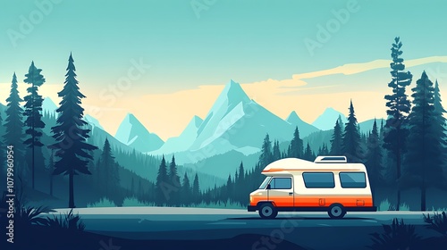 A Camper Van Drives Along a Road Through a Forest with Mountains in the Background photo