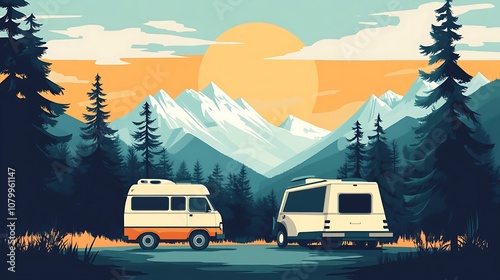 Two Camper Vans Parked in Front of Mountain Range at Sunset