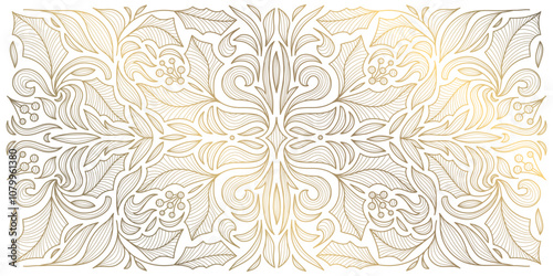 Vector Christmas line gold ornament, line branches winter vintage background, fancy nature elegant pattern with leaves. Holiday decor.