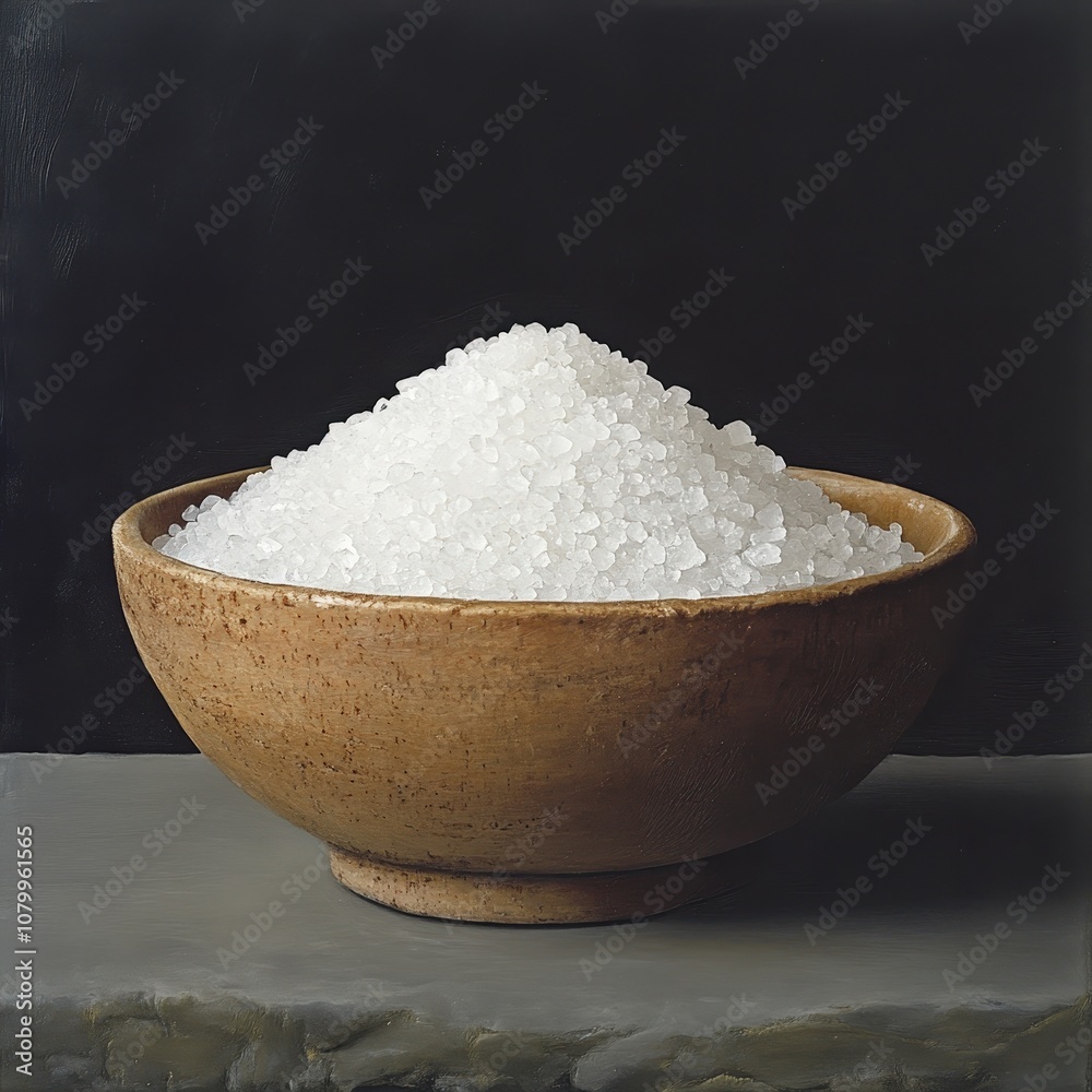 A close-up view of a bowl overflowing with coarse salt, emphasizing its texture and purity against a dark background. A close-up view of a bowl overflowing with coarse salt, emphasizing its texture and purity against a dark background.