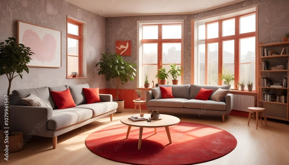 Fototapeta premium Scandinavian living room interior design zoom background,Doodle patterned wallpaper graphics