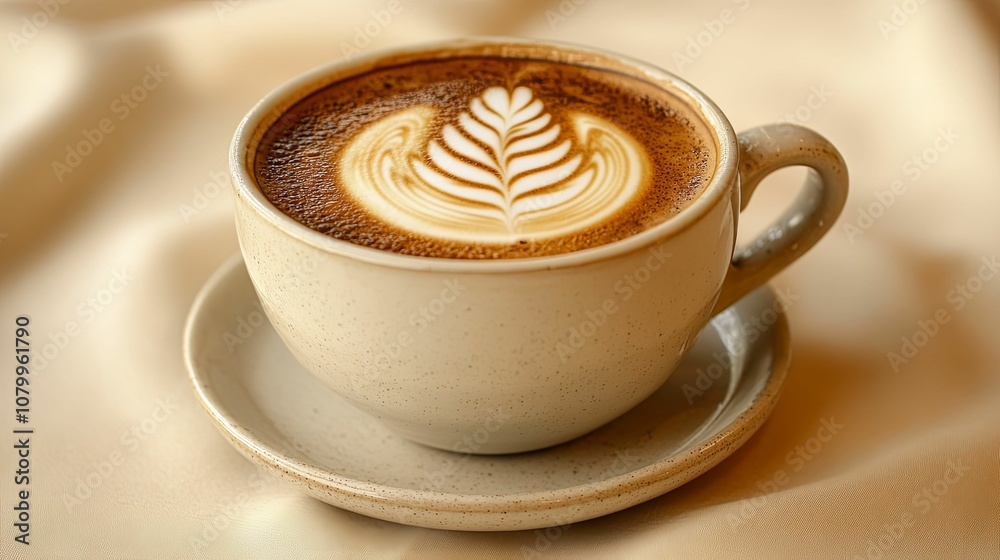 A Cup of Latte with Leaf Design in a Speckled Mug A Cup of Latte with Leaf Design in a Speckled Mug
