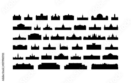 City hall, capitol vector icon collection. Isolated black and white government, administration building contours and logo pack for web design, infographics