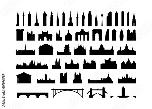 European landmark vector icon collection. Isolated black and white skyscraper, tower, arc, cathedral, bridge contours and logo pack for web design, infographics