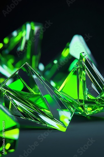 Stunning Green Crystal Shapes on Dark Background, Showcasing Reflections and Light, Perfect for Abstract Art and Design Projects in Photography Stock Collection photo