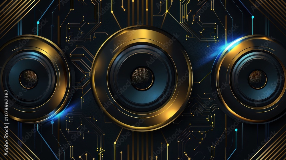 Fototapeta premium Golden Speakers with Circuitry Background