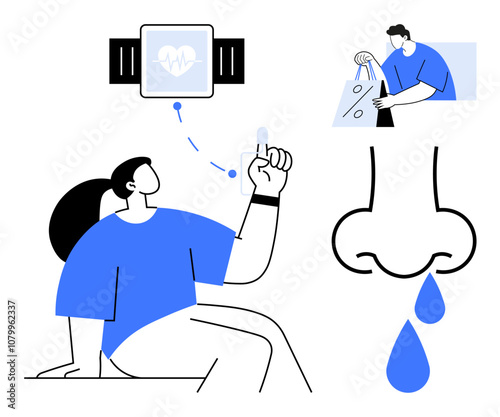 Wallpaper Mural Man with smartwatch and finger device, engaged in shopping activities, large nose symbol with drops. Ideal for health apps, allergy awareness, shopping apps, fitness tracking, lifestyle apps, medical Torontodigital.ca