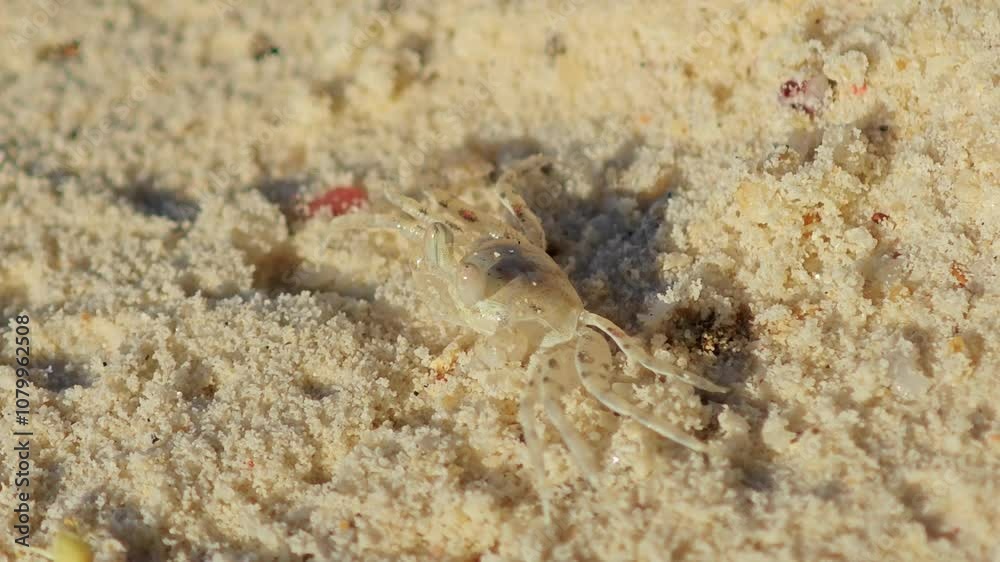 a small white crab on the white sand beach a small white crab on the white sand beach