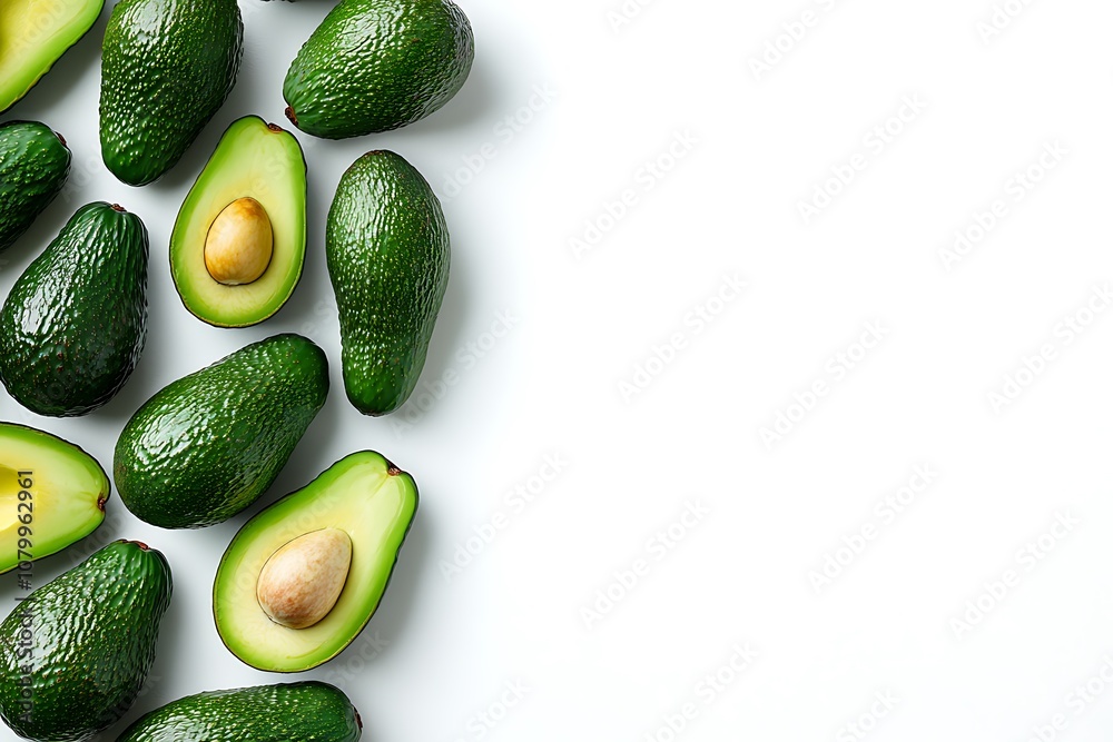 Ripe avocados with leaves on white background, top view. Healthy food