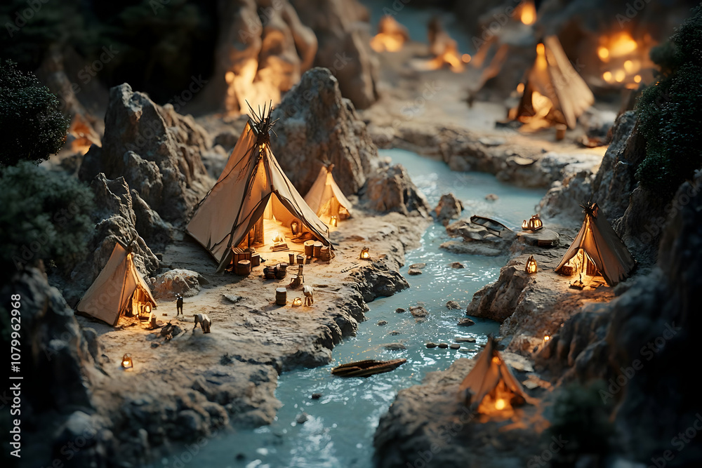 3D Illustration - Prehistoric Village by River at Night 3D Illustration - Prehistoric Village by River at Night