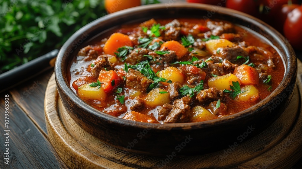 A delicious bowl of hearty beef stew filled with vegetables and herbs, perfect for a comforting meal. Ideal for food photography. A delicious bowl of hearty beef stew filled with vegetables and herbs, perfect for a comforting meal. Ideal for food photography.