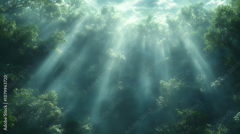 Fototapeta premium 3D Illustration - Sunbeams Through Misty Forest Canopy
