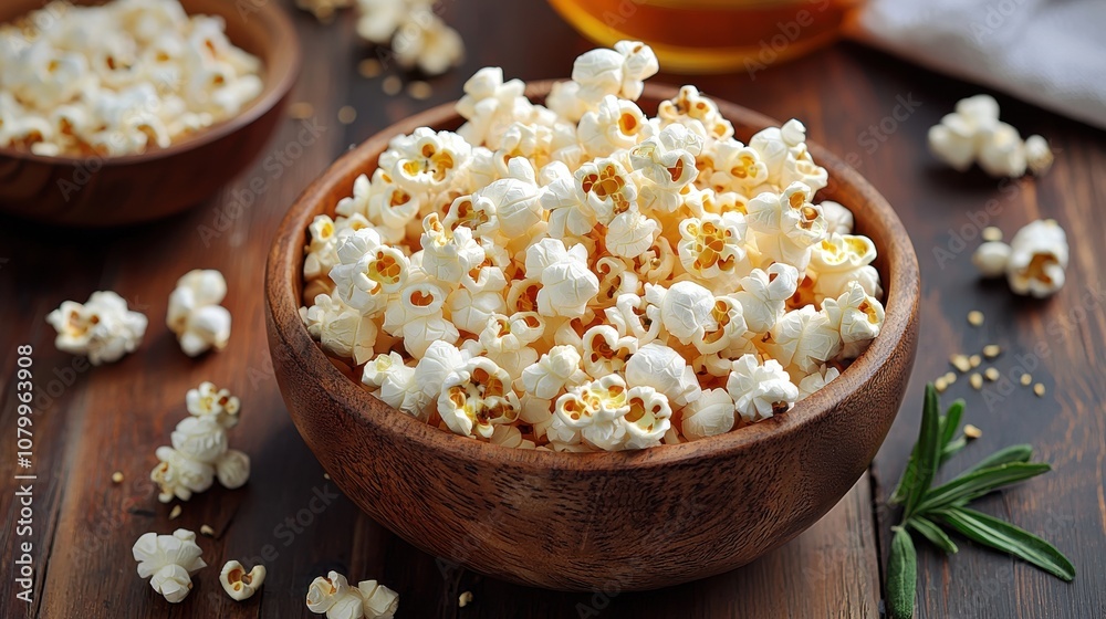 Freshly popped popcorn served in a wooden bowl on a rustic table, perfect for movie night or a cozy snack Freshly popped popcorn served in a wooden bowl on a rustic table, perfect for movie night or a cozy snack