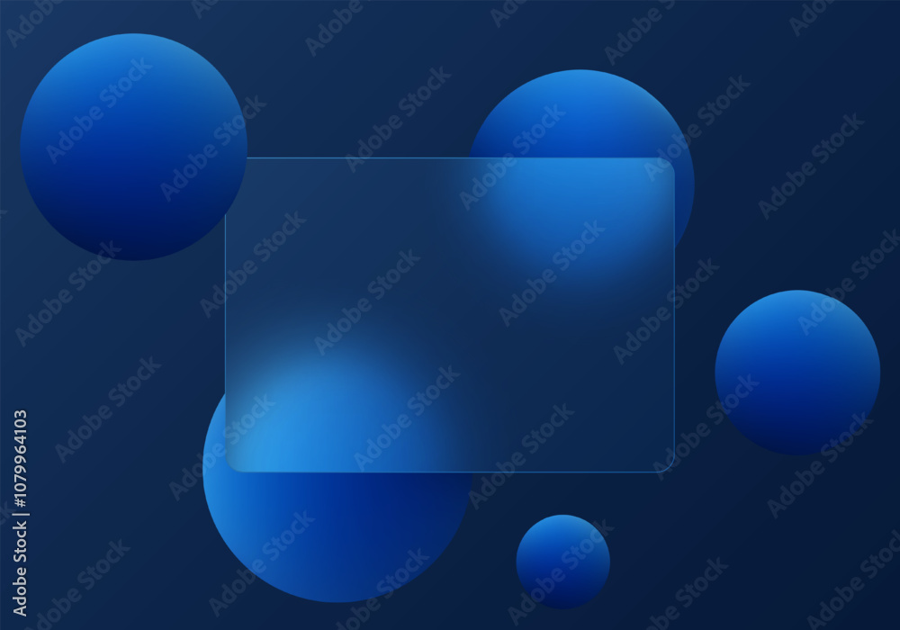 Dark blue background with transparent partition and floating spheres in glass morphism style. Website landing page template. Dark blue background with transparent partition and floating spheres in glass morphism style. Website landing page template.