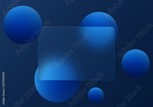 Dark blue background with transparent partition and floating spheres in glass morphism style. Website landing page template.