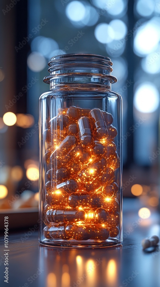 Bright capsules in jar with glowing soft bokeh