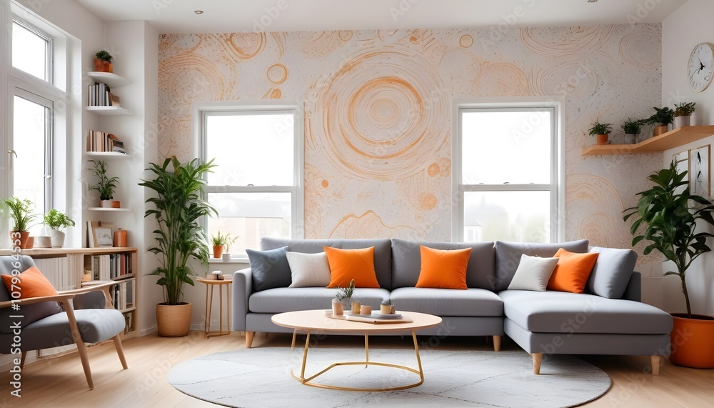 Fototapeta premium Scandinavian living room interior design zoom background,Doodle patterned wallpaper graphics